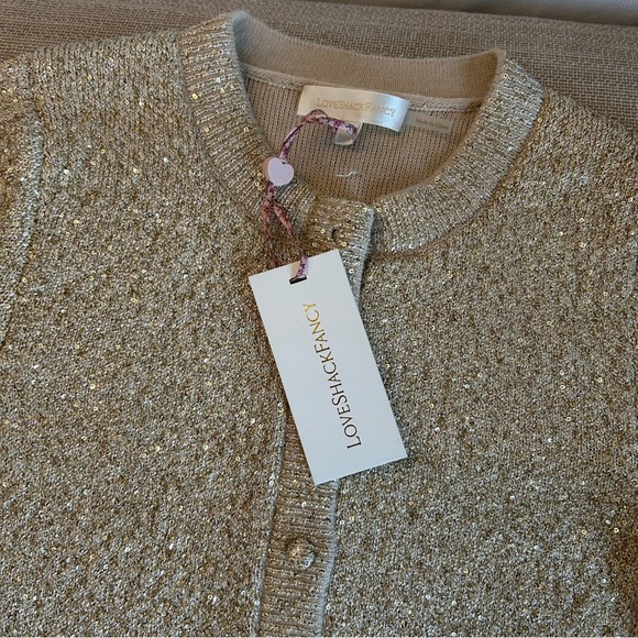 NWT LoveShackFancy Ferra Sequin Stretch Knit Cardigan Honey Gold Holiday - Picture 6 of 14